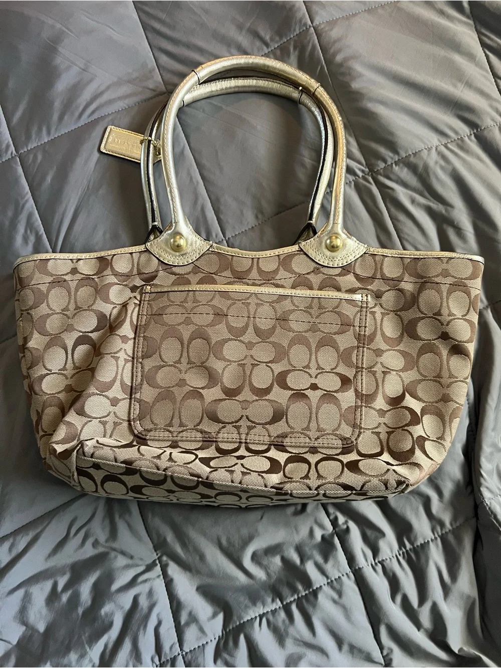 Coach Beige Signature Tote with Yellow Floral Appliqués